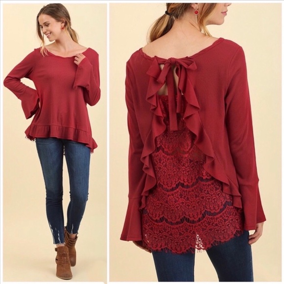 Umgee Tops - 14. Umgee Ribbed Ruffle Lace Back Long Sleeve Top Small